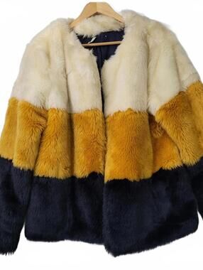 Soprano Black Gold Cream Color Block Faux Fur Statement Winter Jacket Size M